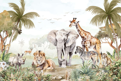 Watercolor Safari with Tropical Leaves Wallpaper