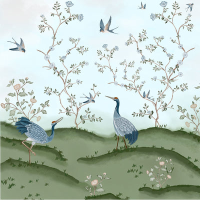 Chinoiserie Features Exotic Birds Mural Wallpaper