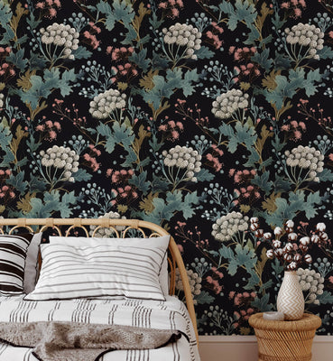 Watercolor Midnight Botanical Floral Wallpaper